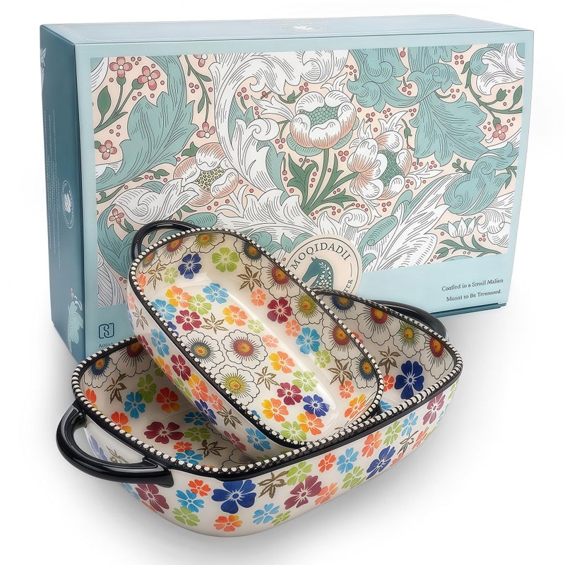 Moqidadii Polish Pottery Style Ceramic Baking Dish Set, 2-Piece Casserole Bakers for 2â€“3 People, Floral Decorative Bakeware, Oven Safe Lasagna Pan, Microwave Dishwasher Safe, Gift-Ready, Protective Packaging - Image 1
