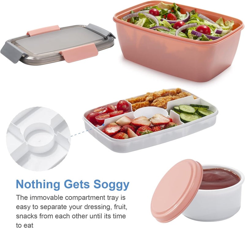 Freshmage Salad Container for Lunch, 2 Packs 68oz Large Salad Bowls with 4 Compartments, Salad Dressings Container for Salad Toppings, Snacks, Men, Women (Gray+Pink) - Image 3