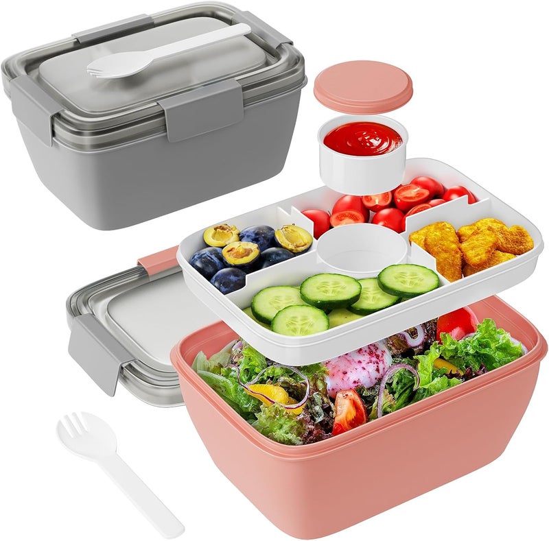 Freshmage Salad Container for Lunch, 2 Packs 68oz Large Salad Bowls with 4 Compartments, Salad Dressings Container for Salad Toppings, Snacks, Men, Women (Gray+Pink) - Image 1