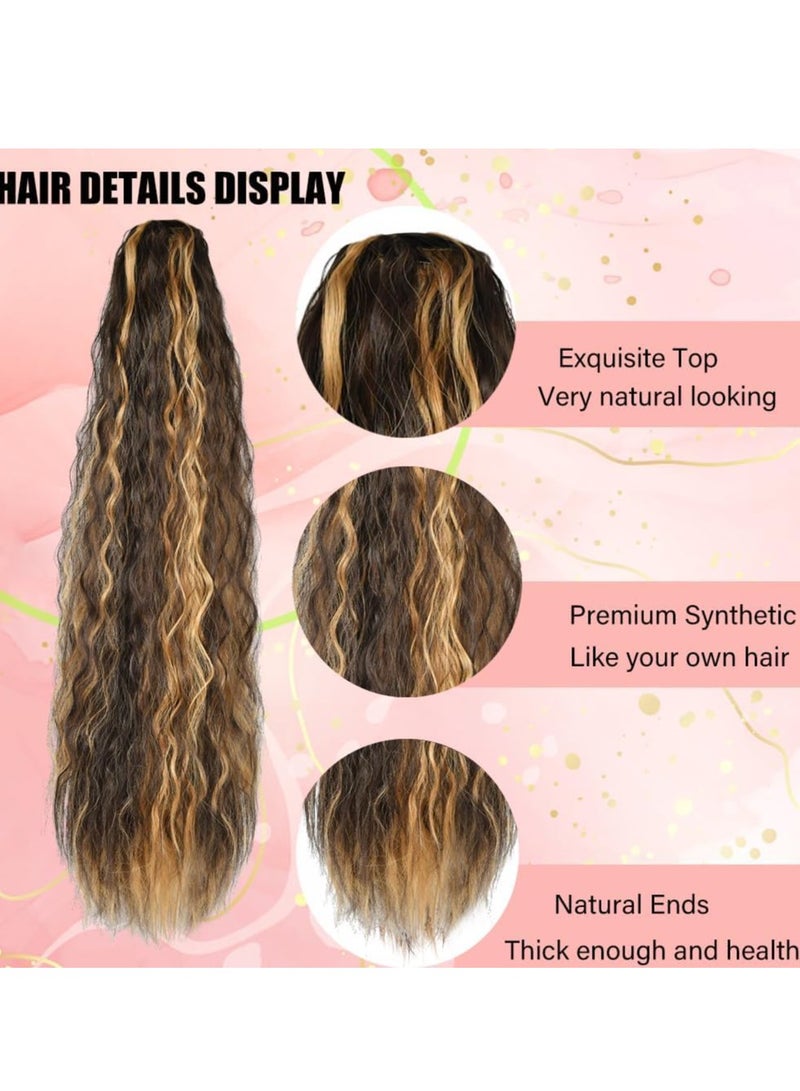 SYOSI إكستنشن ذيل حصان طويل 26 بوصة بني شوكولاتة مع خصلات شقراء كراميل، مشبك مخلب في ذيول الحصان، شعر صناعي مجعد مزيف لرباط للنساء للاستخدام اليومي في الحفلات - Image 2