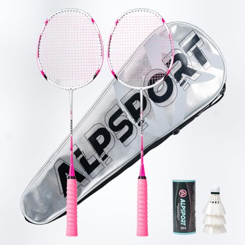 ALPSPORT Power Original Design 4U G5 Graphite Badminton Rackets Sets of 2 Carbon Fiber Racquets with 1 PVC Bag 2 Tied Grips Tapes 3 Shuttlecocks 2228LBS Padel Raket for Sports Training Pink - Image 1