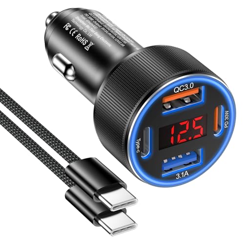 Besgoods Car Charger for iPhone 17 16 15 Pro Max Besgoods 4Port Cigarette Lighter Adapter USB C USB A Car Phone Charger Fast Charging Voltmeter for Galaxy S25 S24 S23 A15 A54 Android 6ft USB C to C Cable - Image 1