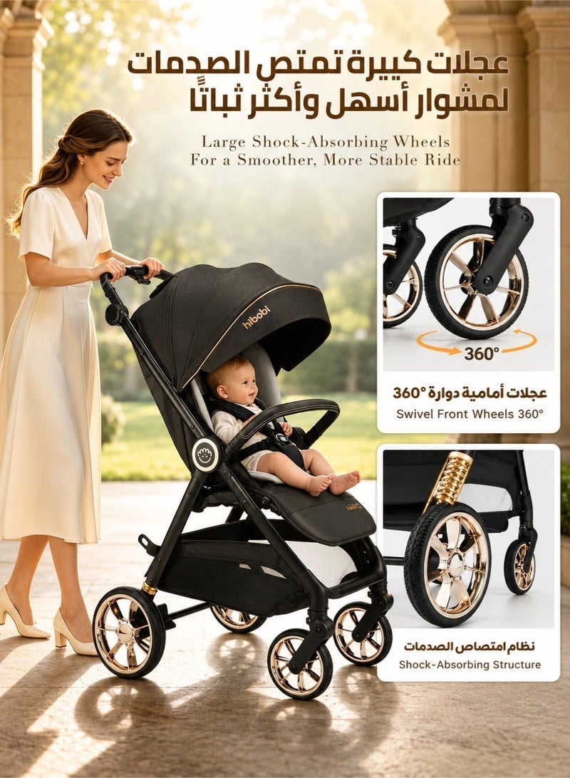hibobi Premium Foldable Baby Stroller, Lightweight Pushchair with Full-Coverage Canopy, Elevated Seat, One-Hand Recline Adjustment, Shock-Absorbing Wheels, 360° Swivel Front Wheels & Compact Fold, Black Gold - Image 4