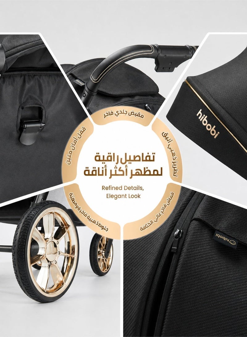 hibobi Premium Foldable Baby Stroller, Lightweight Pushchair with Full-Coverage Canopy, Elevated Seat, One-Hand Recline Adjustment, Shock-Absorbing Wheels, 360° Swivel Front Wheels & Compact Fold, Black Gold - Image 5