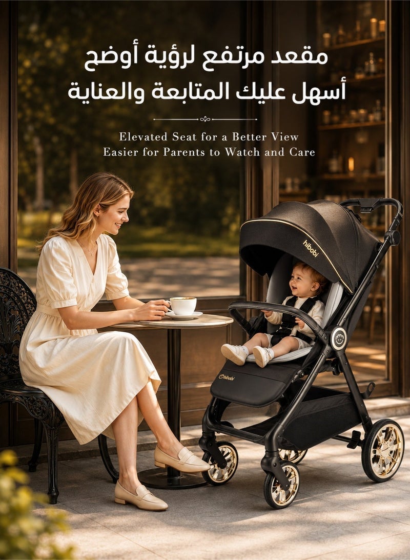 hibobi Premium Foldable Baby Stroller, Lightweight Pushchair with Full-Coverage Canopy, Elevated Seat, One-Hand Recline Adjustment, Shock-Absorbing Wheels, 360° Swivel Front Wheels & Compact Fold, Black Gold - Image 2