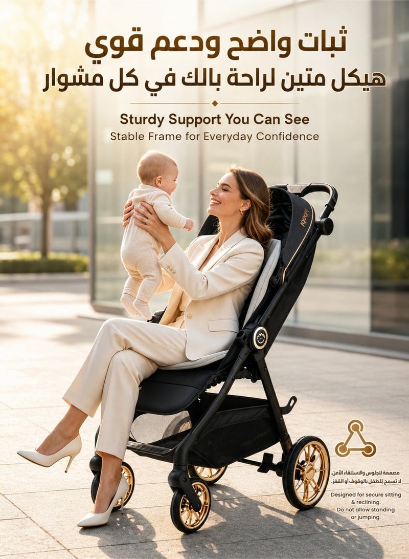 hibobi Premium Foldable Baby Stroller, Lightweight Pushchair with Full-Coverage Canopy, Elevated Seat, One-Hand Recline Adjustment, Shock-Absorbing Wheels, 360° Swivel Front Wheels & Compact Fold, Black Gold - Image 3