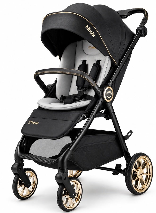 hibobi Premium Foldable Baby Stroller, Lightweight Pushchair with Full-Coverage Canopy, Elevated Seat, One-Hand Recline Adjustment, Shock-Absorbing Wheels, 360° Swivel Front Wheels & Compact Fold, Black Gold - Image 1