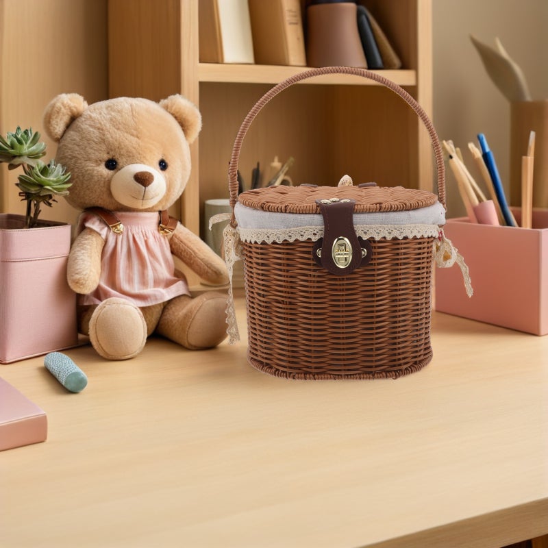 Picnic Storage Basket: Handwoven Woven Basket with Lid and Handles - Rustic Style Dessert Container with Inner Cloth Liner for Sundries - Image 4