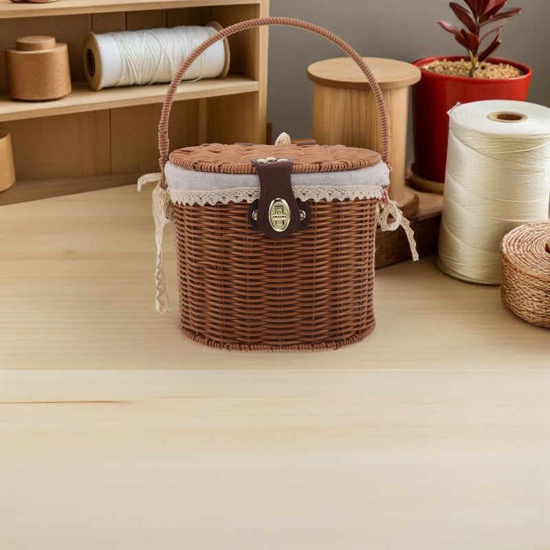 Picnic Storage Basket: Handwoven Woven Basket with Lid and Handles - Rustic Style Dessert Container with Inner Cloth Liner for Sundries - Image 3