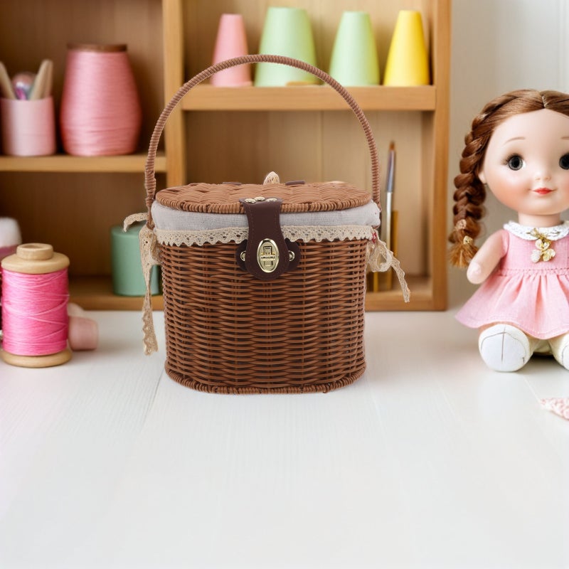Picnic Storage Basket: Handwoven Woven Basket with Lid and Handles - Rustic Style Dessert Container with Inner Cloth Liner for Sundries - Image 2