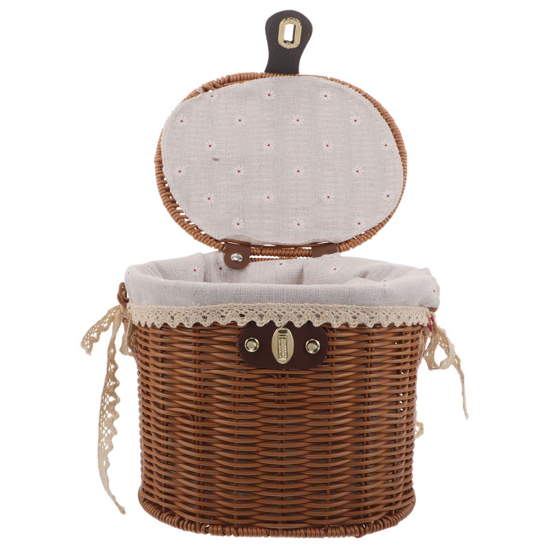 Picnic Storage Basket: Handwoven Woven Basket with Lid and Handles - Rustic Style Dessert Container with Inner Cloth Liner for Sundries - Image 1