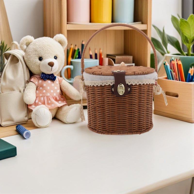 Picnic Storage Basket: Handwoven Woven Basket with Lid and Handles - Rustic Style Dessert Container with Inner Cloth Liner for Sundries - Image 5