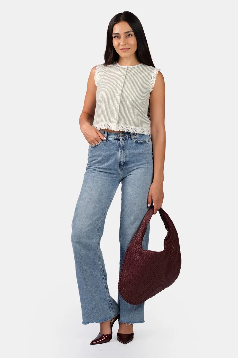 Virgio Stripes Cotton Crew Neck Lace Shirt for Women