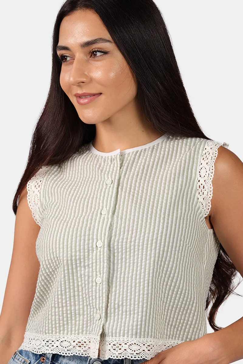 Virgio  Stripes Cotton Crew Neck Lace Shirt for Women for Women | Best Price UAE