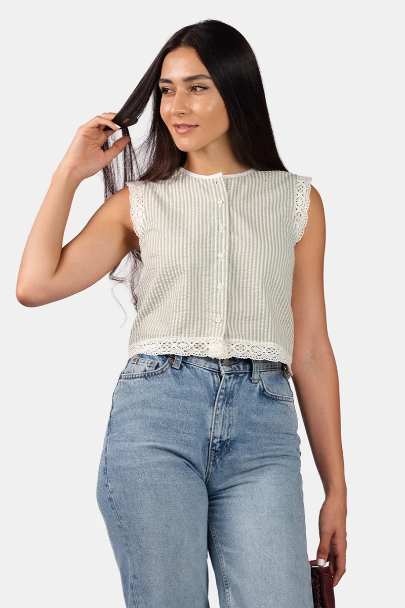 Stripes Cotton Crew Neck Lace Shirt for Women
