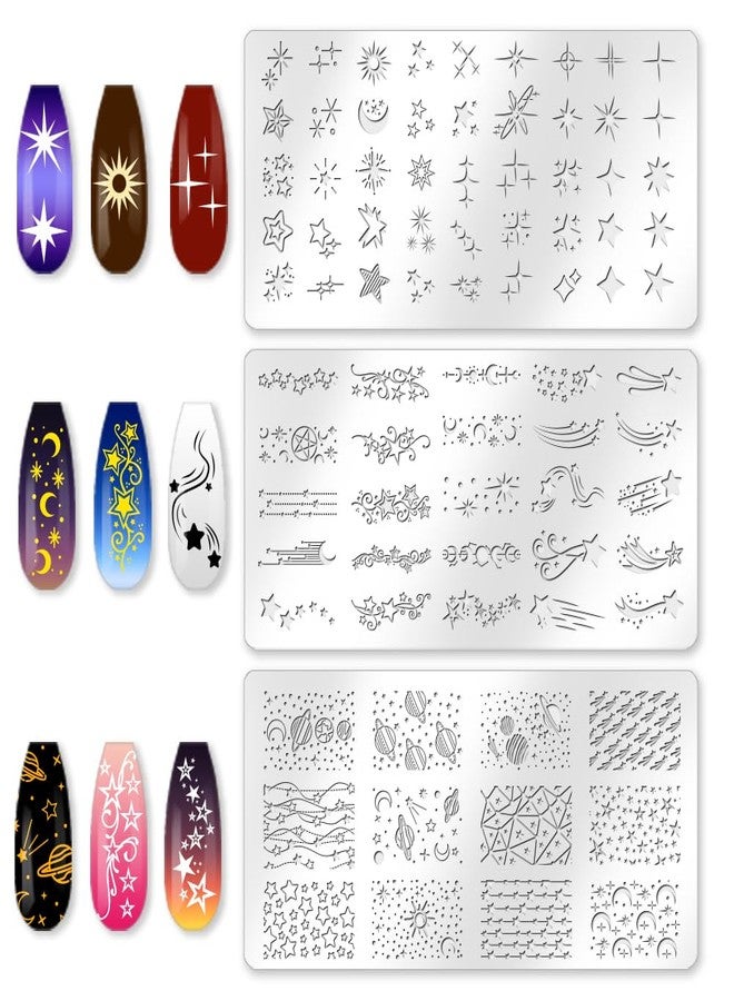 beinkmake 3Pcs Star Nail Stamping Plate Set Moon Planet Nail Stamping Templates French Line Tip Nail Stamp Plates Lovely Meteors Metal DIY Reusable Tools with Stamper Scraper for Manicure Printing - Image 3