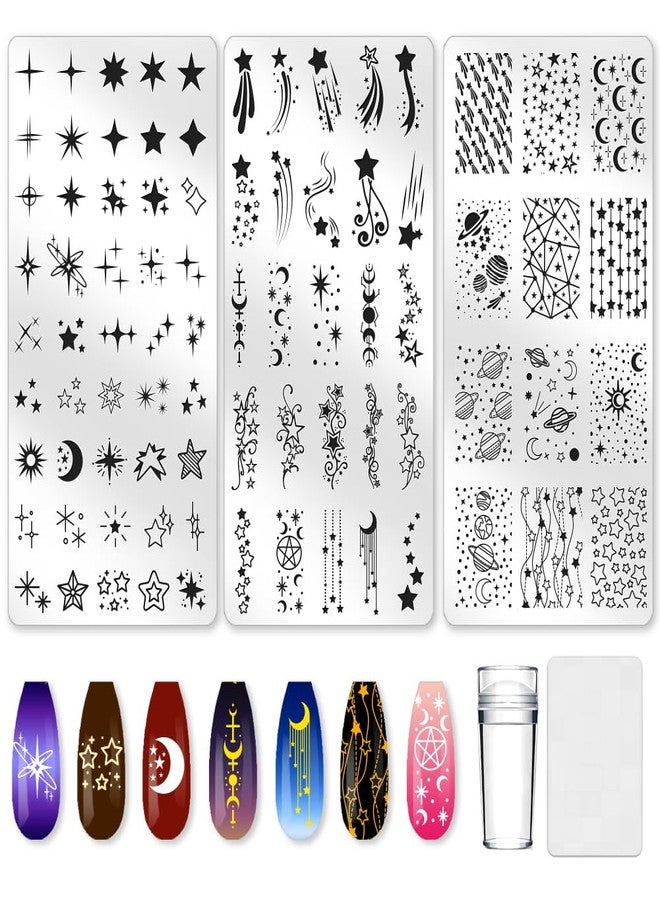 beinkmake 3Pcs Star Nail Stamping Plate Set Moon Planet Nail Stamping Templates French Line Tip Nail Stamp Plates Lovely Meteors Metal DIY Reusable Tools with Stamper Scraper for Manicure Printing - Image 1