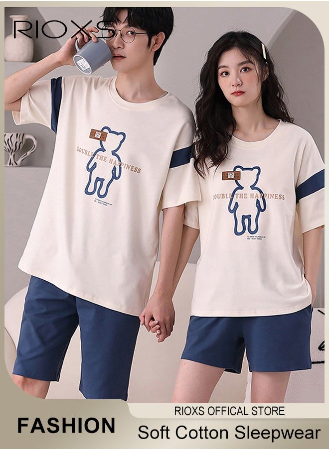 RIOXS - Couples Matching 2 Pieces Short Sleeve Pajamas Soft Cotton Sleepwear Button Down Loungewear Men's Women's Crew Neck T-Shirt & Straight Loose Leg Short - Image 1