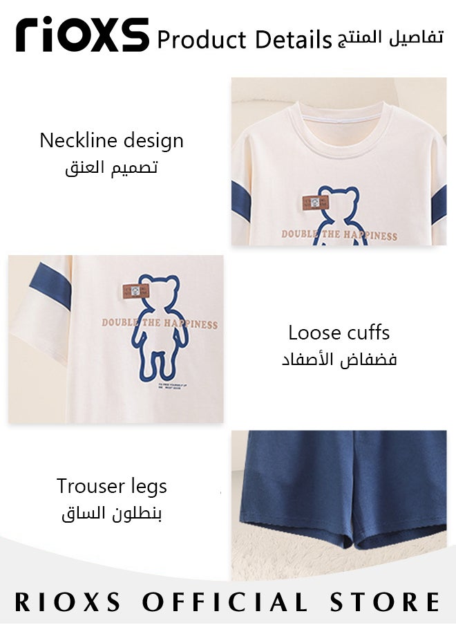 RIOXS - Couples Matching 2 Pieces Short Sleeve Pajamas Soft Cotton Sleepwear Button Down Loungewear Men's Women's Crew Neck T-Shirt & Straight Loose Leg Short - Image 1