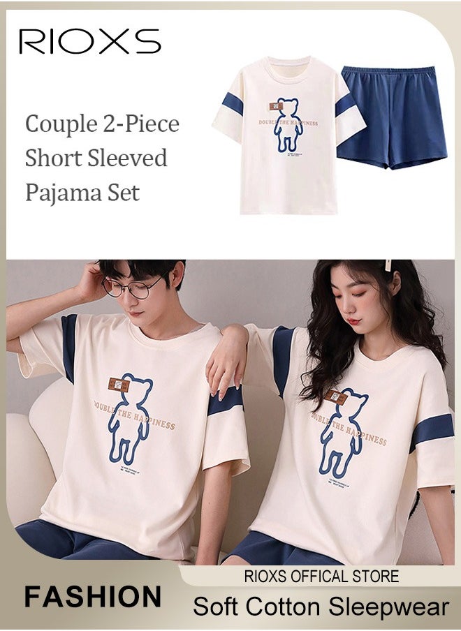 RIOXS - Couples Matching 2 Pieces Short Sleeve Pajamas Soft Cotton Sleepwear Button Down Loungewear Men's Women's Crew Neck T-Shirt & Straight Loose Leg Short - Image 1