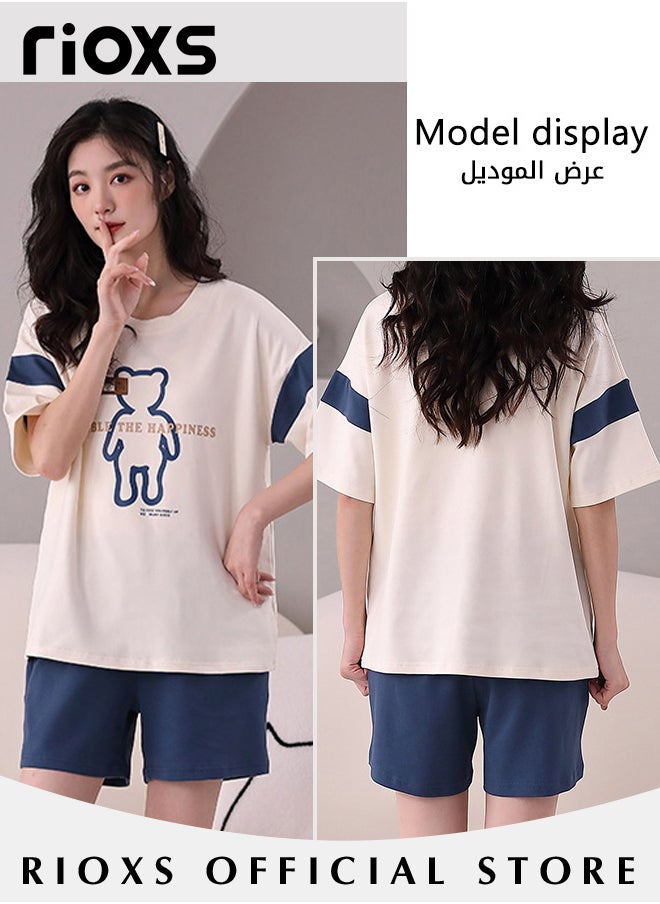RIOXS - Couples Matching 2 Pieces Short Sleeve Pajamas Soft Cotton Sleepwear Button Down Loungewear Men's Women's Crew Neck T-Shirt & Straight Loose Leg Short - Image 1