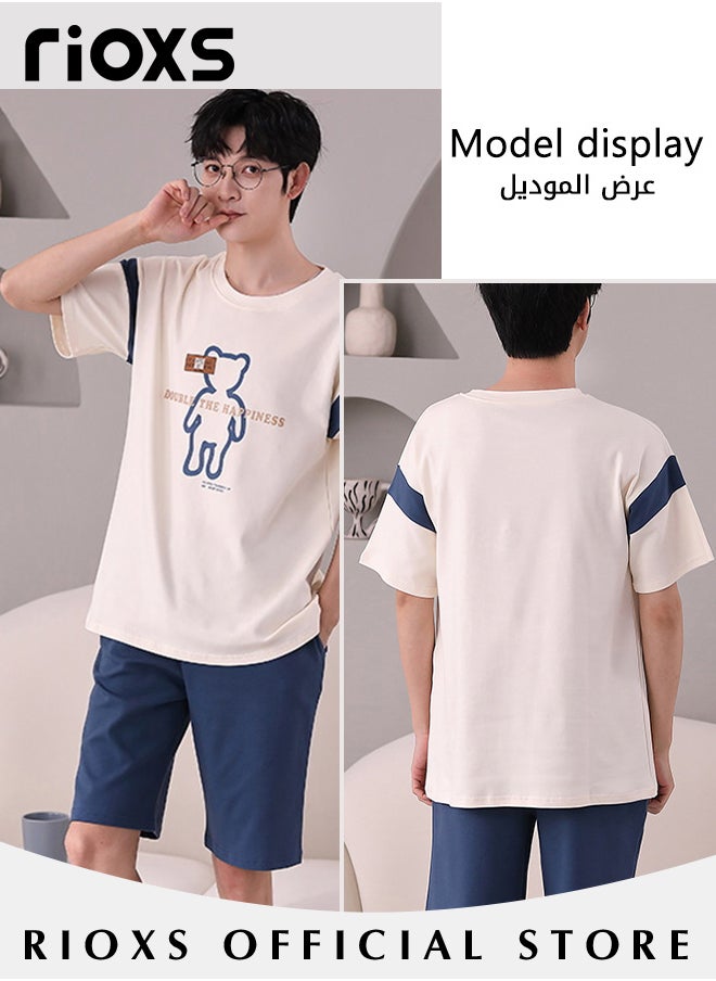 RIOXS - Couples Matching 2 Pieces Short Sleeve Pajamas Soft Cotton Sleepwear Button Down Loungewear Men's Women's Crew Neck T-Shirt & Straight Loose Leg Short - Image 1