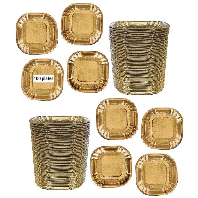 GOLD FOIL MINI SQUARE PAPER PLATES APPETIZER PLATE VALENTINE SUPPLY CHARCUTERIE PLATE DISPOSABLE TABLEWARE HEAVYWEIGHT 4 X 4 INCHES 100 PACK