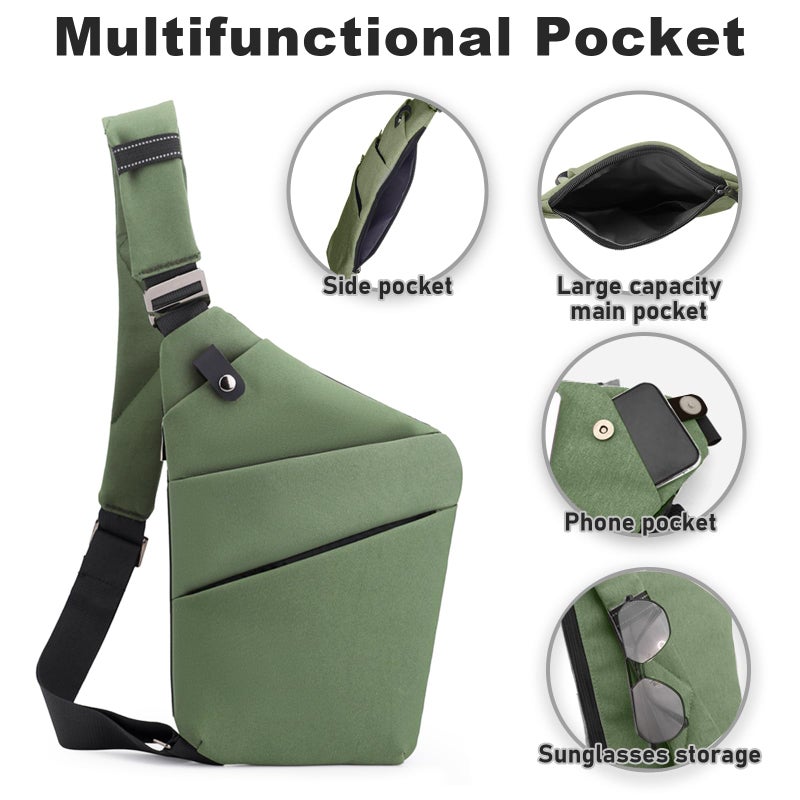 BIRDDIE Anti Theft Travel Bag, One Shoulder Large Capacity Cross-body Bag Chest Fashion Lightweight Sling Bags for Travel Sports (Left Shoulder, Green) - Image 2