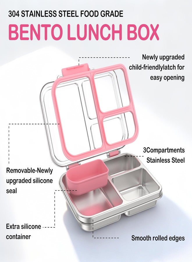BABHAMNESS Stainless Steel Bento Lunch Box for Kids Adults, 3 Compartments Metal Bento Box with Transparent Lid & Silicone Container for Kids,Dishwasher-Safe,School & Travel,BPA-Free(Pink) - Image 2
