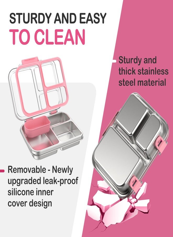BABHAMNESS Stainless Steel Bento Lunch Box for Kids Adults, 3 Compartments Metal Bento Box with Transparent Lid & Silicone Container for Kids,Dishwasher-Safe,School & Travel,BPA-Free(Pink) - Image 4