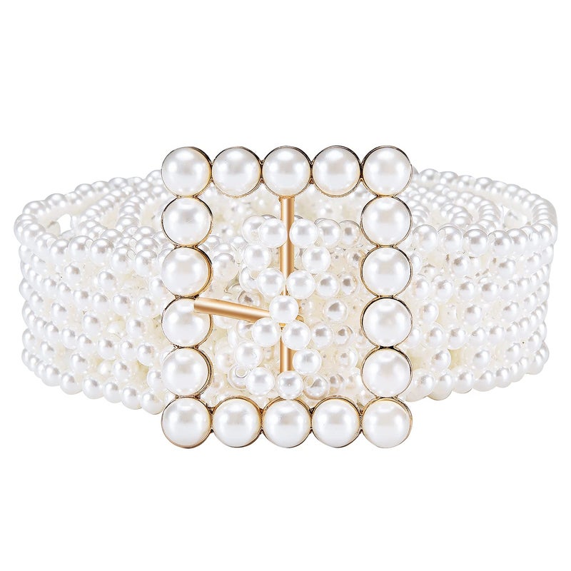 Dubulle Women's Pearl Bridal Elastic Ivory Crystal Beaded Sash for Wedding Dress Prom - Image 1