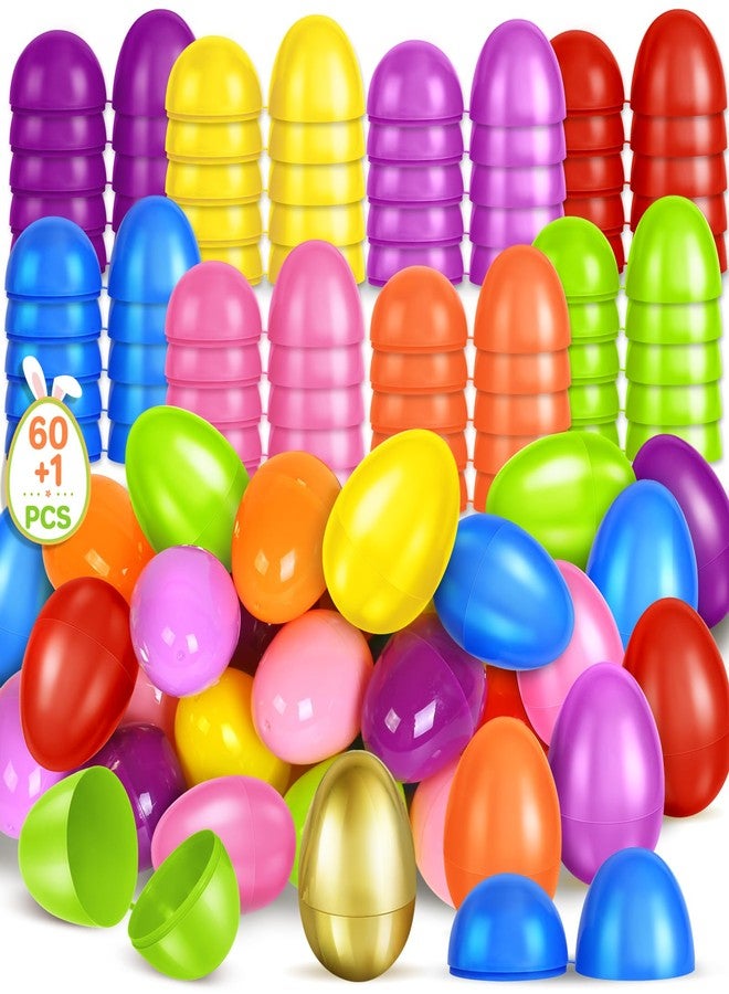 spring flower SpringFlower 2.3” Unfilled Easter Eggs, 60 pcs Colorful Egg Plus 1 Golden Egg, Empty Plastic Eggs Fillable with Candy, Treats, Presents for Toy Basket,Easter Decorations, Toy Egg Basket,Boys & Girls - Image 1