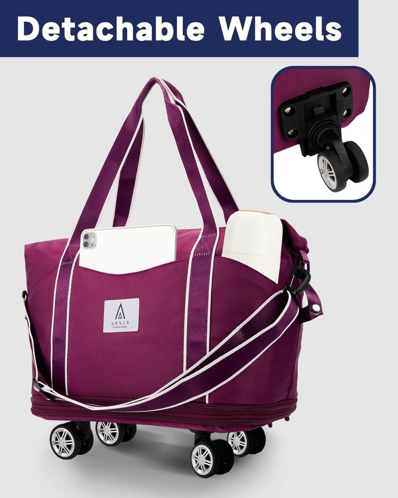 Arxus Rolling Duffle Bag with Detachable Wheels and Adjustable Shoulder Strap, Large Expandable Foldable Carry On Luggage Bag with Handle and Suitcase Sleeve, Weekender Bag for Travel Airplane 25L-55L - Image 3