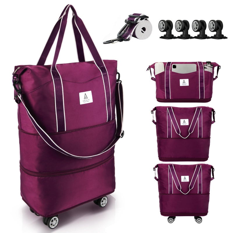 Arxus Rolling Duffle Bag with Detachable Wheels and Adjustable Shoulder Strap, Large Expandable Foldable Carry On Luggage Bag with Handle and Suitcase Sleeve, Weekender Bag for Travel Airplane 25L-55L - Image 1