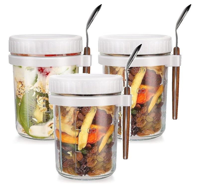 WHISKET Mason Jars for Overnight Oats Overnight Oats Jars Glass Oatmeal Container to Go for Chia Pudding Yogurt Salad Cereal Meal Prep Jars [300 ML] [PACK OF 3] (White) - Image 1
