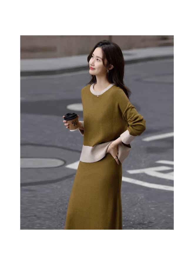 dme Demana Art Series Senior Sister Set Winter Lightweight Oxygen Fiber Yarn Color-block Round Neck Top And Skirt Two-piece Set For Women - Image 2