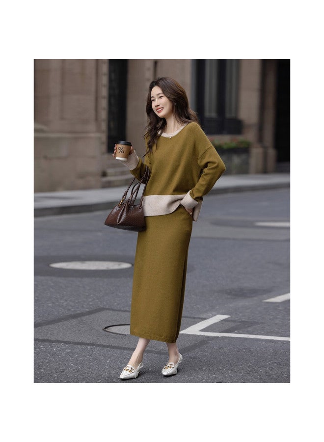 dme Demana Art Series Senior Sister Set Winter Lightweight Oxygen Fiber Yarn Color-block Round Neck Top And Skirt Two-piece Set For Women - Image 4