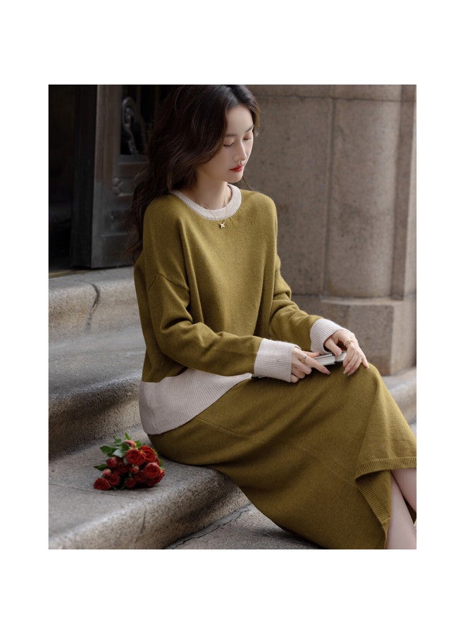 dme Demana Art Series Senior Sister Set Winter Lightweight Oxygen Fiber Yarn Color-block Round Neck Top And Skirt Two-piece Set For Women - Image 1