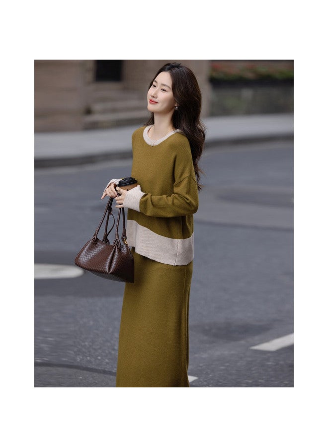 dme Demana Art Series Senior Sister Set Winter Lightweight Oxygen Fiber Yarn Color-block Round Neck Top And Skirt Two-piece Set For Women - Image 3