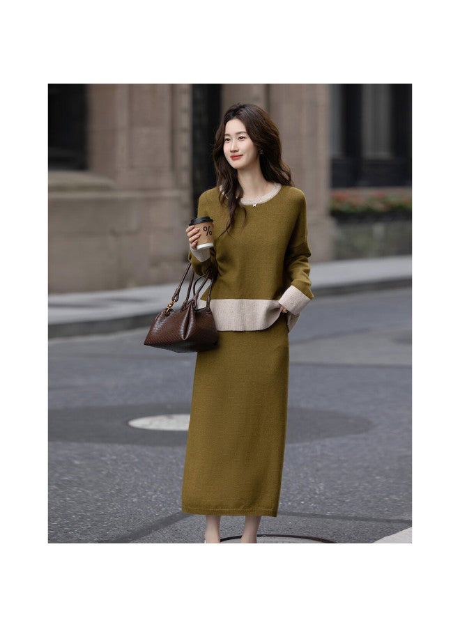 dme Demana Art Series Senior Sister Set Winter Lightweight Oxygen Fiber Yarn Color-block Round Neck Top And Skirt Two-piece Set For Women - Image 5