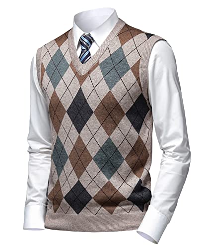 Herothorn Mens Thick Argyle Sweater Vests Classic V-Neck Knitwear Sleeveless Pullover Autumn Winter Warm Tank Tops Camel - Image 1