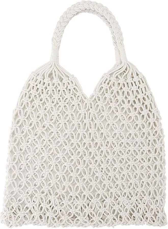 PARAH Handmade Straw Bag Travel Beach Fishing Net Handbag Shopping Woven Shoulder Bag For Women (Beach Bag, White) - Image 1