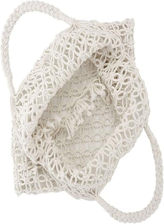 PARAH Handmade Straw Bag Travel Beach Fishing Net Handbag Shopping Woven Shoulder Bag For Women (Beach Bag, White) - Image 2
