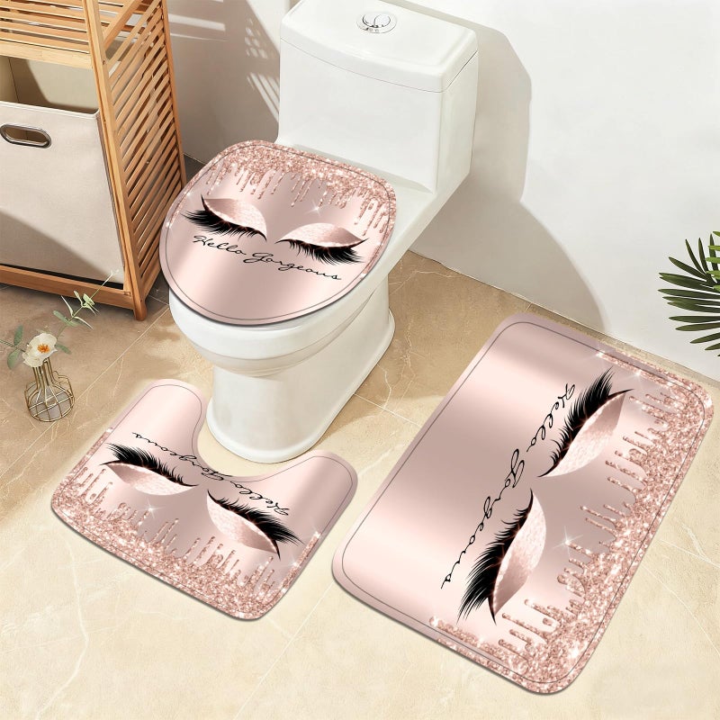 AZHM 4PCS Pretty Eyelash Shower Curtain Set Hello Gorgeous Bathroom Decor Set Pink Rose Gold Bathroom Curtains Shower Set with Shower Curtain and Rugs and Accessories - Image 3