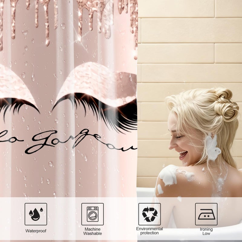AZHM 4PCS Pretty Eyelash Shower Curtain Set Hello Gorgeous Bathroom Decor Set Pink Rose Gold Bathroom Curtains Shower Set with Shower Curtain and Rugs and Accessories - Image 4