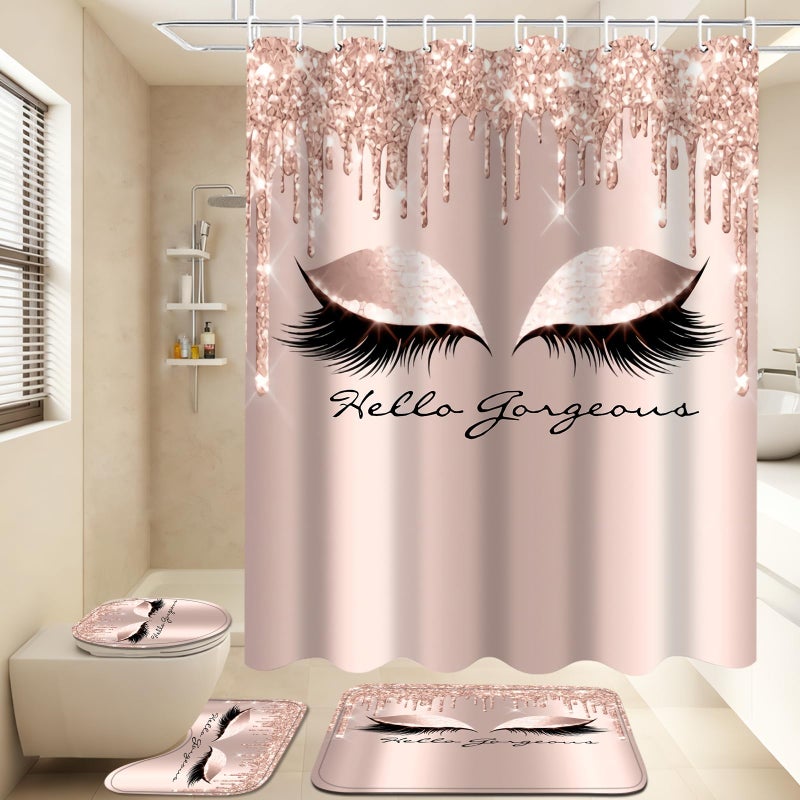 AZHM 4PCS Pretty Eyelash Shower Curtain Set Hello Gorgeous Bathroom Decor Set Pink Rose Gold Bathroom Curtains Shower Set with Shower Curtain and Rugs and Accessories - Image 2