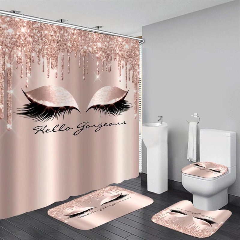 AZHM 4PCS Pretty Eyelash Shower Curtain Set Hello Gorgeous Bathroom Decor Set Pink Rose Gold Bathroom Curtains Shower Set with Shower Curtain and Rugs and Accessories - Image 1