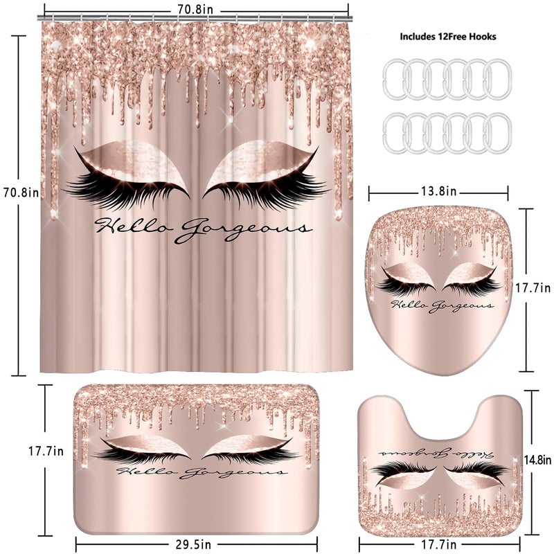 AZHM 4PCS Pretty Eyelash Shower Curtain Set Hello Gorgeous Bathroom Decor Set Pink Rose Gold Bathroom Curtains Shower Set with Shower Curtain and Rugs and Accessories - Image 5