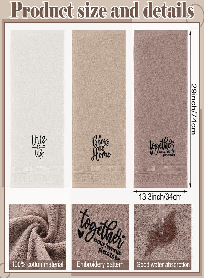 FuWeave 3 Pcs Farmhouse Decorative Hand Towels for Bathroom and Kitchen Rustic Embroidered 100% Cotton Hand Towels Decorative Set for Boho Bathroom Decor(Brown, Inspirational Language) - Image 2