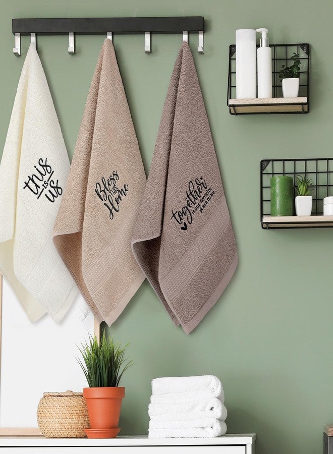 FuWeave 3 Pcs Farmhouse Decorative Hand Towels for Bathroom and Kitchen Rustic Embroidered 100% Cotton Hand Towels Decorative Set for Boho Bathroom Decor(Brown, Inspirational Language) - Image 3